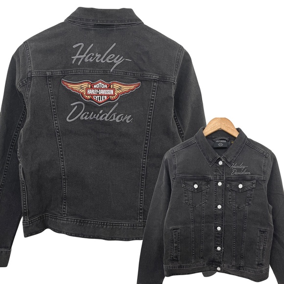 Harley-Davidson® Silver Wing Stretch Black Denim Jacket Women’s Small - Picture 1 of 13